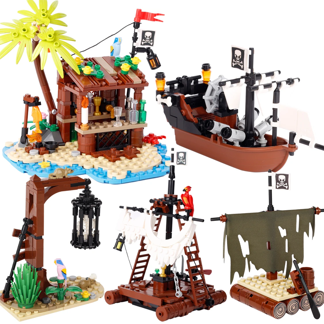 MOC Medieval Pirate Flag Bar Building Blocks House Island Bonfire Coconut Parrot Sail Boat Ship Gallows Tree Bricks Toy Gifts