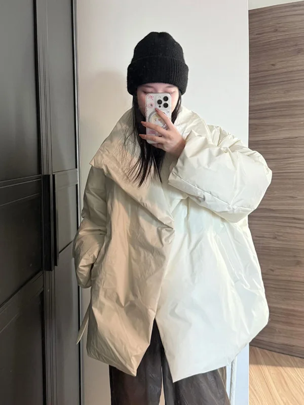 

Женская утепленная зимняя хлопковая куртка однотонного цвета с завязками на талии, воротником-стойкой, в корейском стиле, свободного кроя, с длинными рукавами