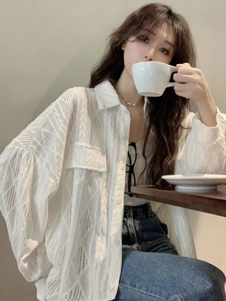 Shirts Women Hollow Out Design Summer Thin Sun-proof Casual Loose Holiday Ins Pure Fashion All-match Korean Style Chemise Femme