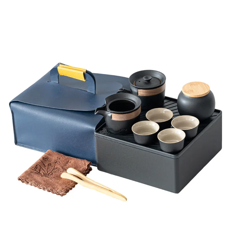 

Outdoor set coarse pottery wood ancient solid color teapot portable express cup kung fu camping tea set