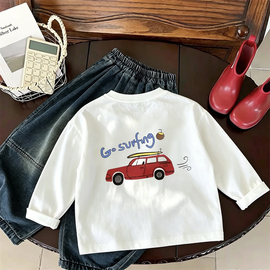 Crewneck Pullovers New Design Printed TShirt Long-sleeved Base Shirt Little Car T Shirt Boys Spring Summer Trendy Clothing