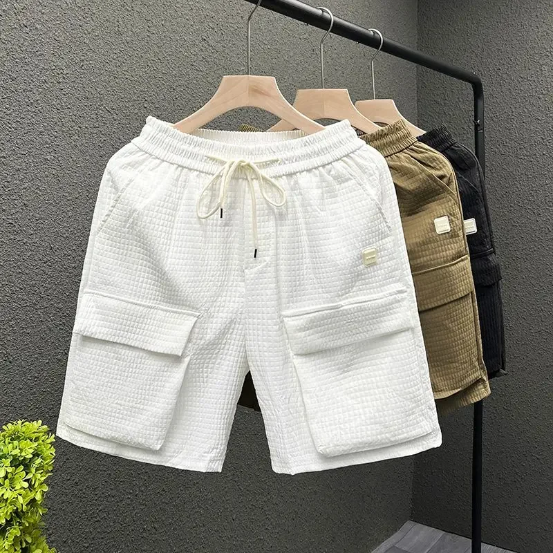 

2025 Plaid Loose Five-Point Men's Shorts Multiple Pockets Cargo Casual Shorts Loose Straight Thin Solid Color Drawstring Shorts