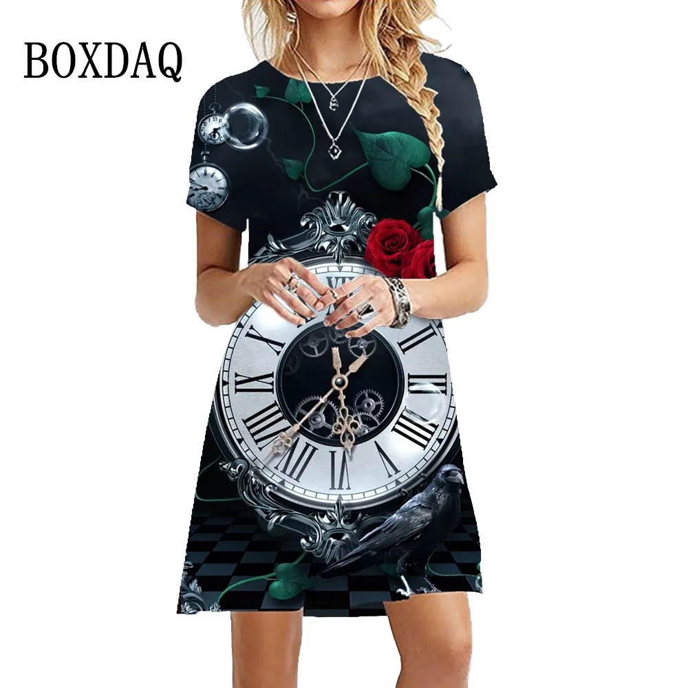 2023 Summer Dresses Women Retro Clock Floral Print A-Line Dress Casual Fashion Short Sleeve Loose Party Dress Oversized Vestidos