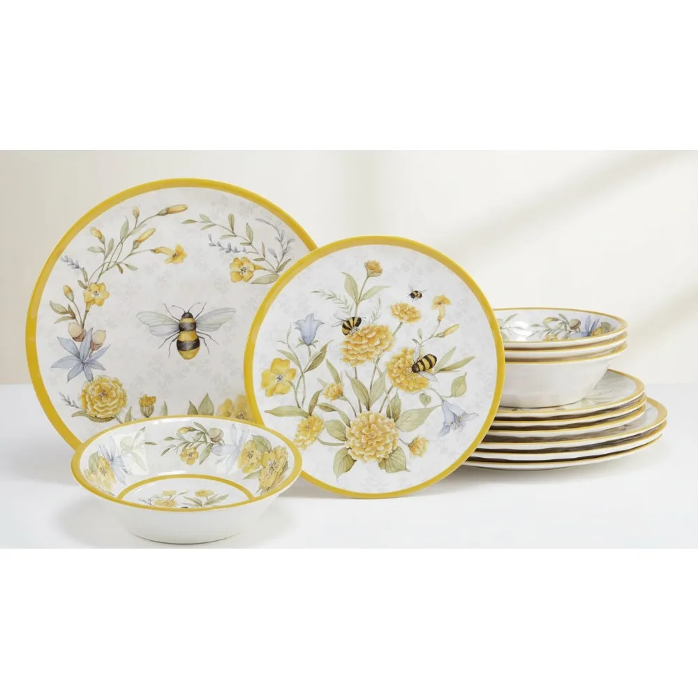 

Набор посуды из меламины на 4 предмета, уличная посуда с цветочным дизайном пчелы, небьющаяся, можно мыть в посудомоечной машине