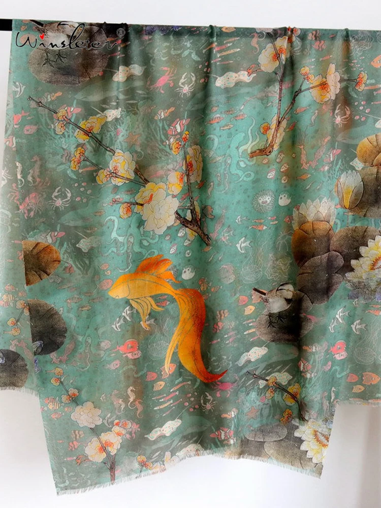 

Winsleter-Женский элегантный длинный шарф из 100% шерсти, 200*100 см с принтом рыбы кои, подарок для мамы, шарфы-шали в стиле ретро, осень 202, A5O634CC