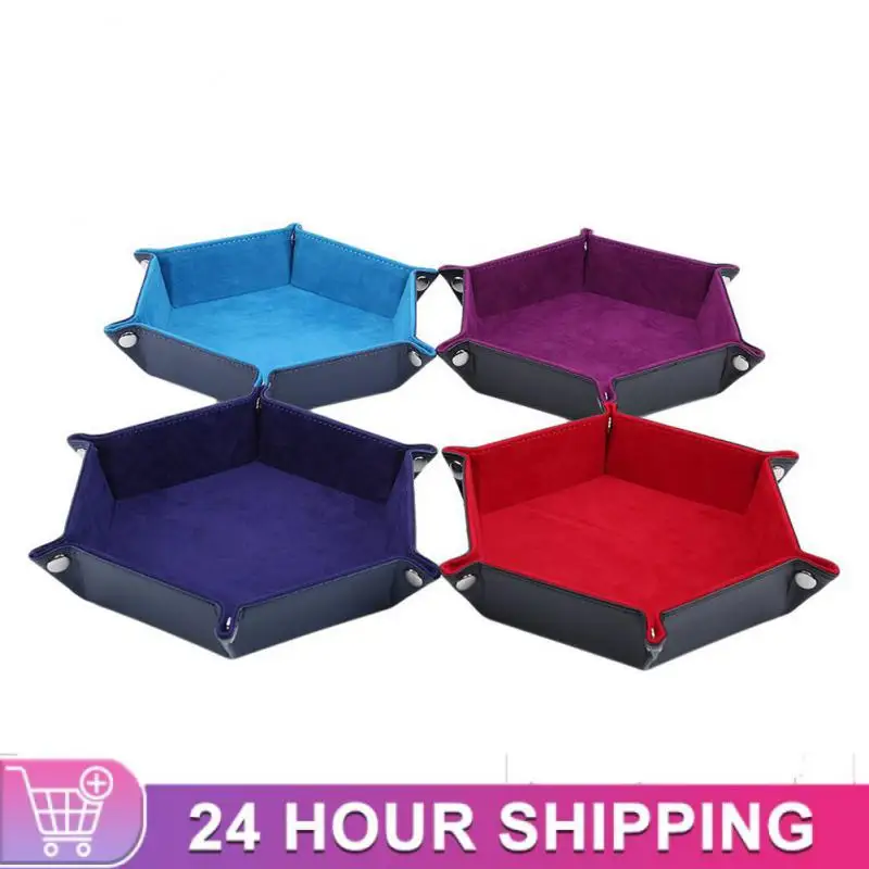 Rolling Folding Hexagon Dice Game Storage Tray PU Leather&Velvet Mat Holder Double Sided Thick Office Supplies Storage Tools