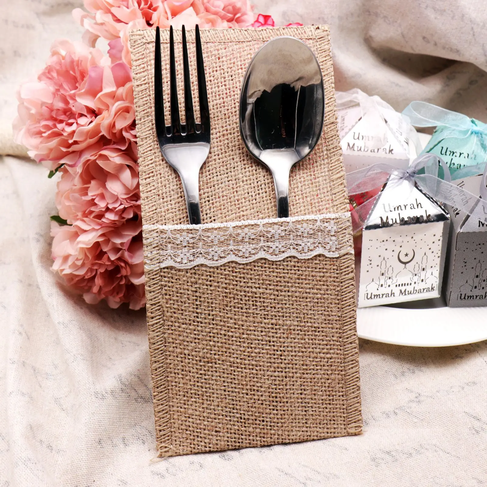 6pcs Burlap Cutlery Pocket Tableware Bag Lace Vintage Jute Hessian Knife Fork Holder Rustic for Wedding Party Birthday Decor view 4