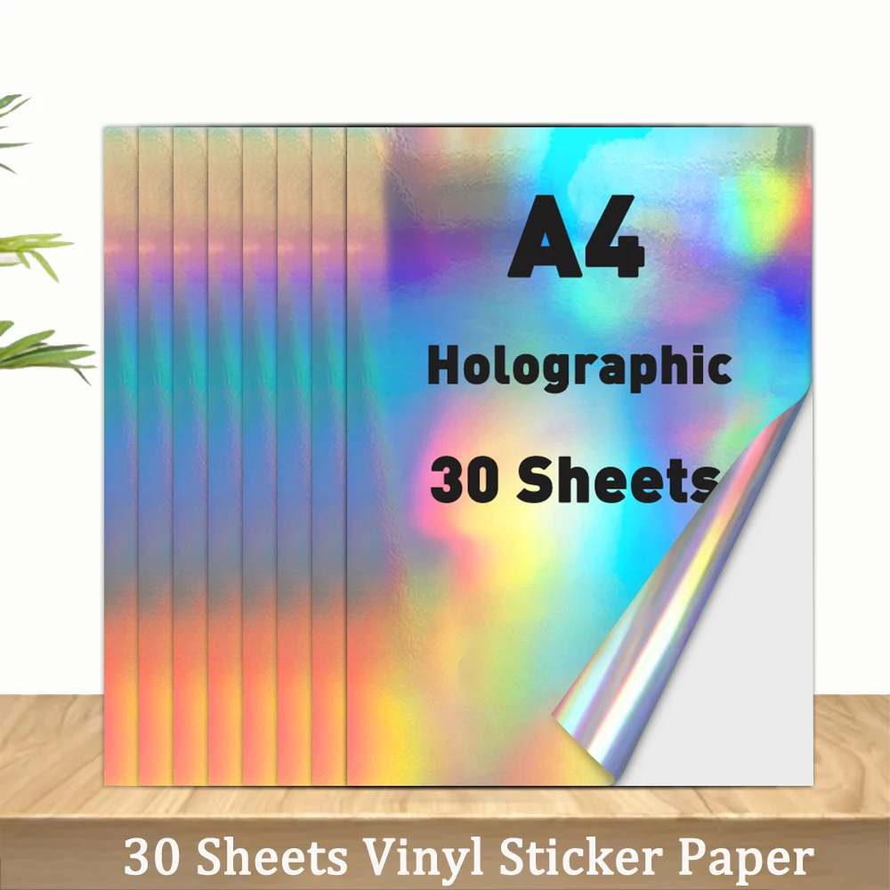 30 Sheets Self Adhesive Holographic Stickers Printable Vinyl Sticker Printing Paper Work for Inkjet Printer DIY Labels Stickers