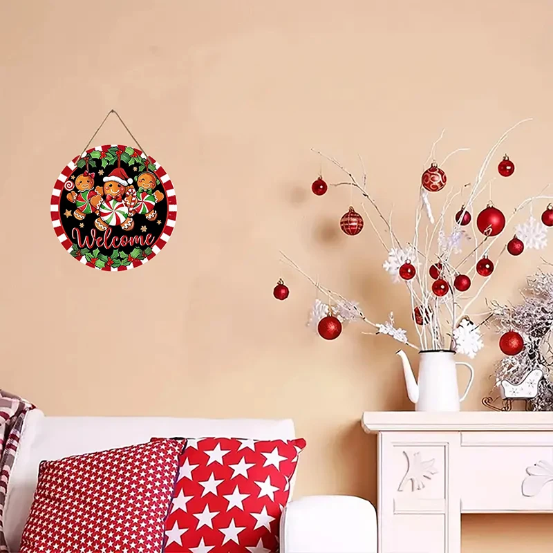 2D Houten Vrolijk Kerstfeest Gingerbread Man Rond Hangbord Muur- of Deurdecoratie Binnenplaatsornamenten