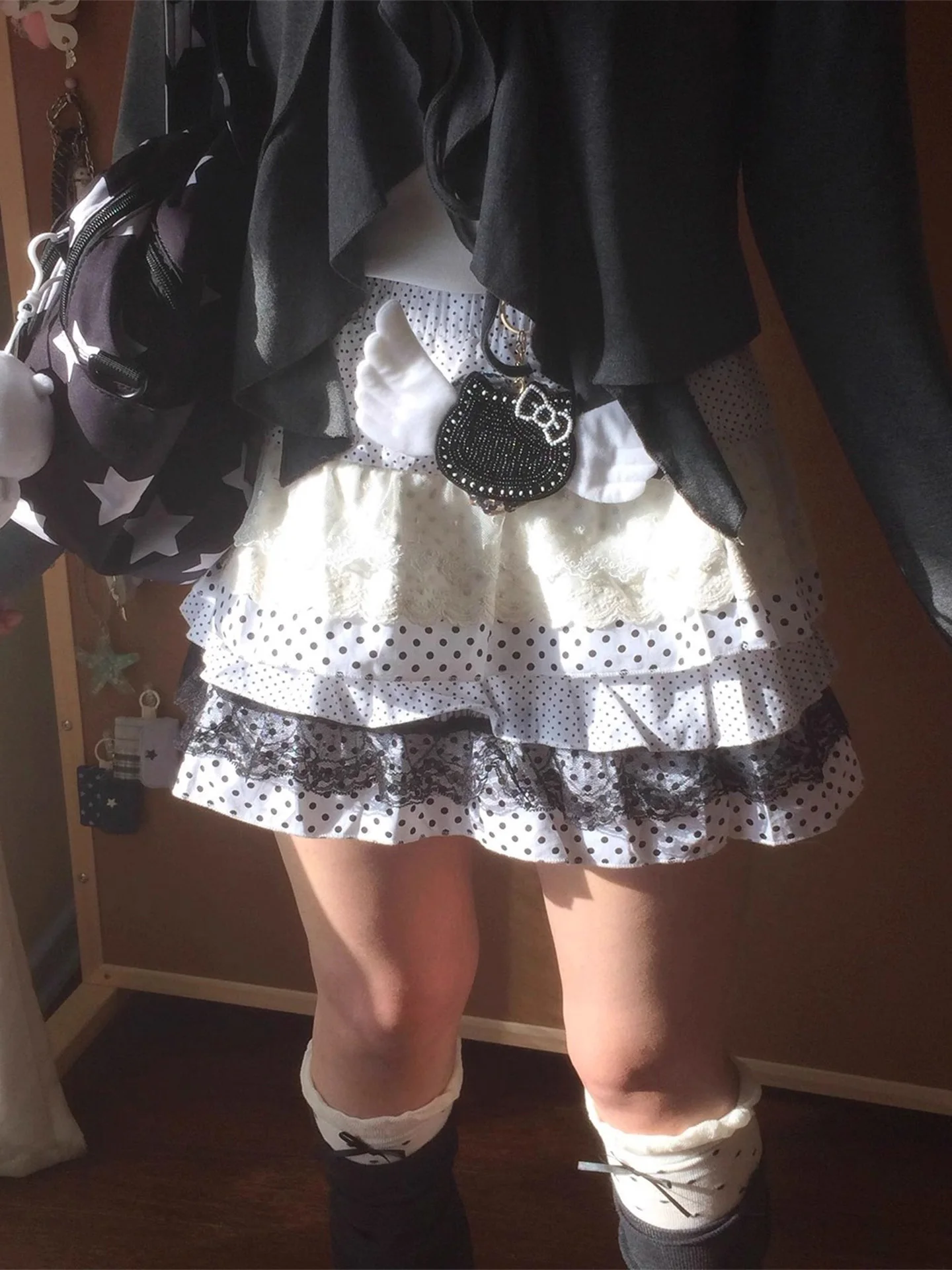 

Japanese Sle Lolita Polka Dot Lace ort Skirt Women Spring Autumn Vintage Feel Sweet Puffy f-length Skirt High Waist Ca...