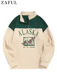 ZAFUL Fleece Hoodie for Men ALASKA Graphic Eagle Printed Sweatshirt Colorblock Vintage Streetwear Pullover Sweats Unisex Style