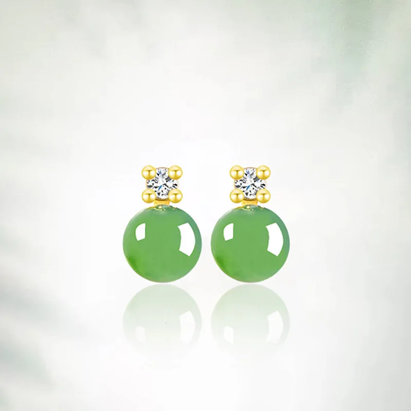 Spinach Green Hetian Jade 6Mm Round Bead Women S925 Silver Inlaid Jadeite Drop Earrings