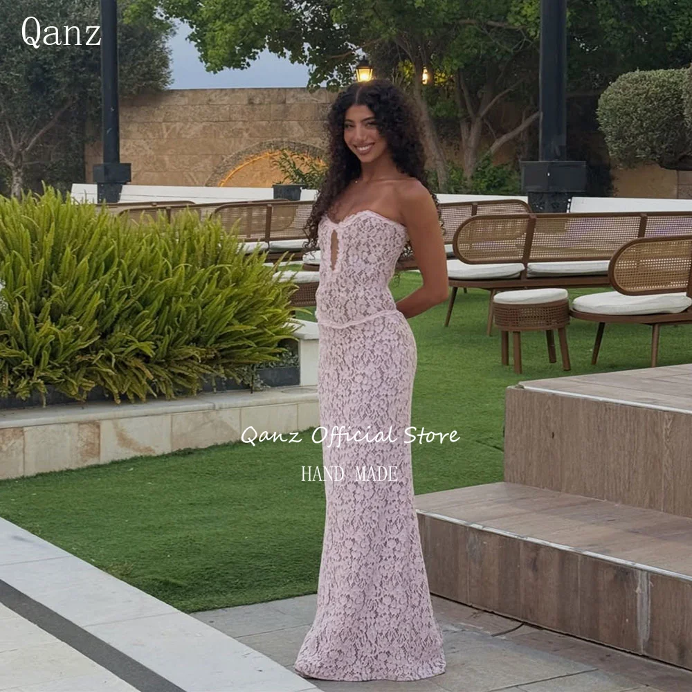 

Qanz Pink Lace Evening Dresses Women Mermaid Strapless Women's Wedding Party Attire Backless Vestidos De Fiesta Customized