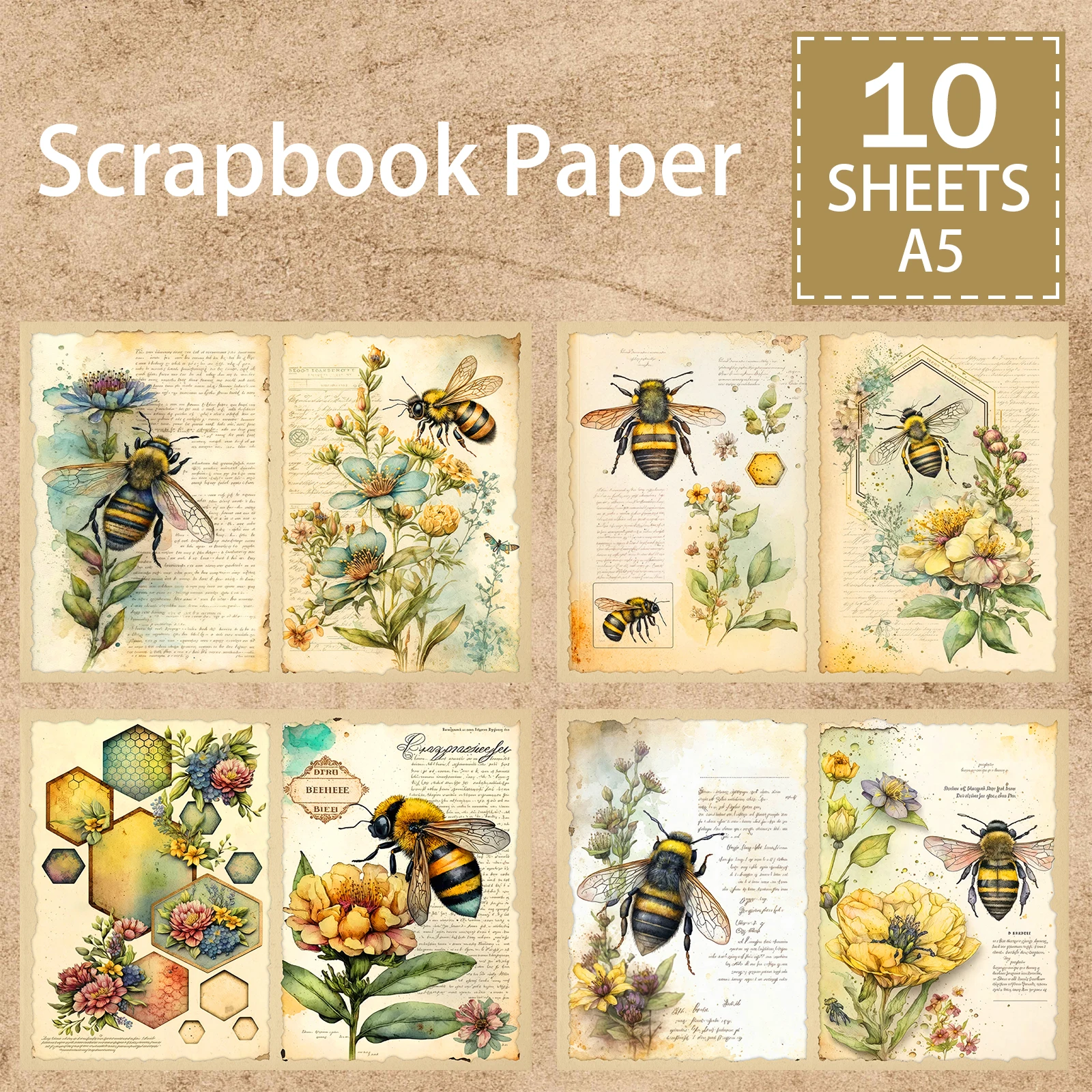 10 Sheets A5 Size Plant Insects Yellow Flowers And Bees Background Vintage Grunge Journal Planning Scrapbooking