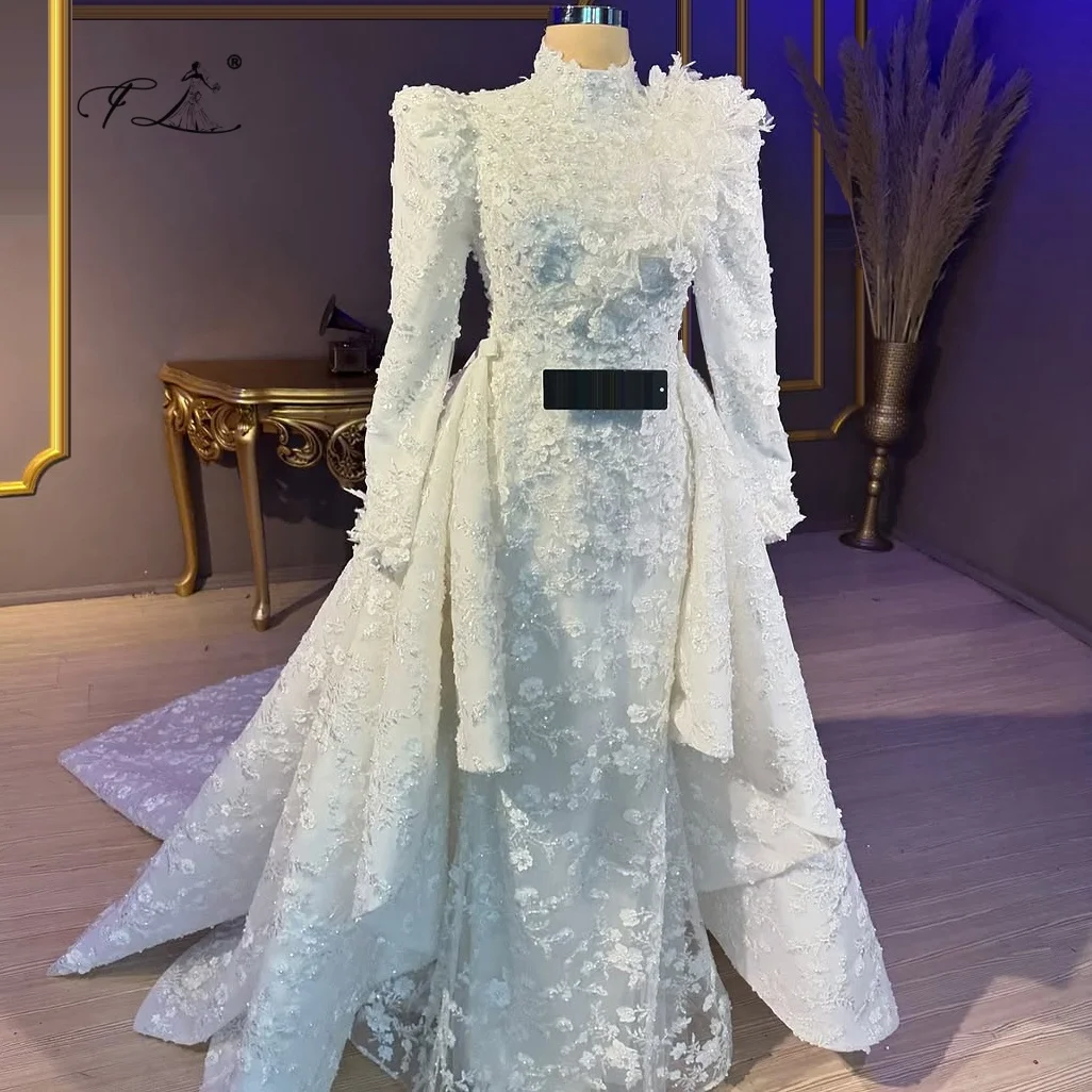 

3d Applique Pearl Mermaid Dress With Detachable Train High Neck and Long Sleeves Heavy White Dress Retro Wedding Dress