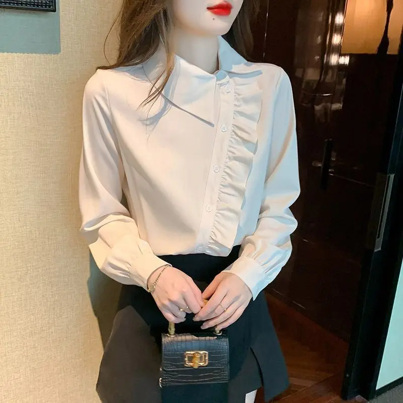 Simplicity Office Lady Autumn Women Solid Peter Pan Collar Button Pleated Korean Fashion Loose Long Sleeve Chiffon Shirt Tops