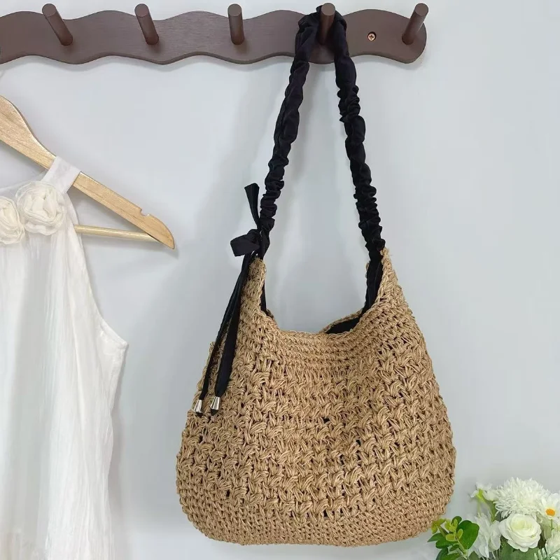 

Сумка-тоут с ажурным бантом, плетеная, из экологичной бумаги, имитирующая пляжную сумку, французская элегантная модная повседневная сумка большой вместимости