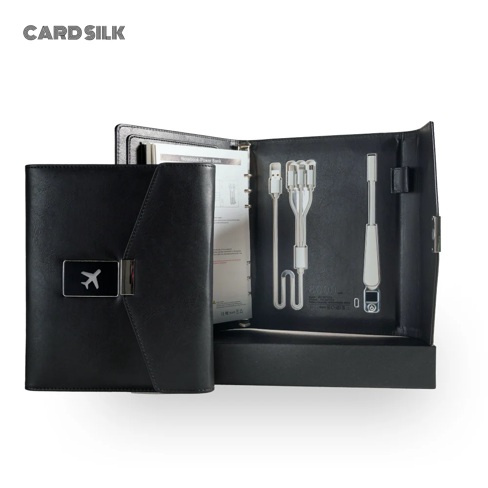 A5 Wireless Charging Notebook with Envelope Cover, USB Drive, 8000mAh Battery, 3-in-1 Cable, Card Slots and LED Reading Light
