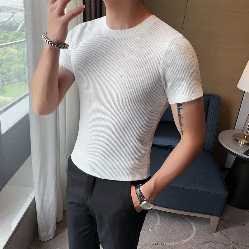 Korean Fashion Summer New Slim Fit Men\'s Round Neck Short Sleeved T-shirt Solid Cotton Casual Waffle Tight Elastic Bottom Tops