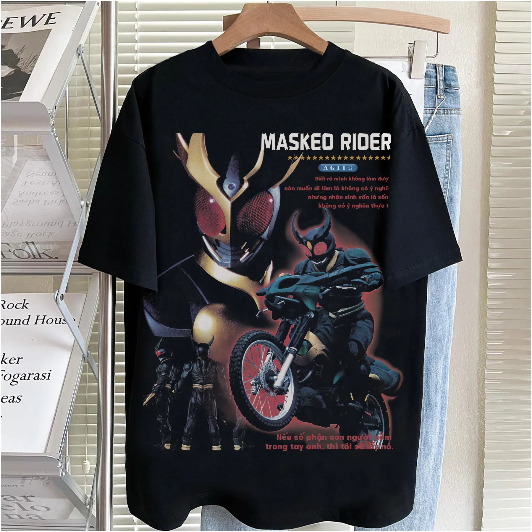 New Kamen Knight Shirt Retro Japanese Special Photo T-Shirt Masked Knight Pattern Short Sleeve Anime Style Streetwear 90s Style