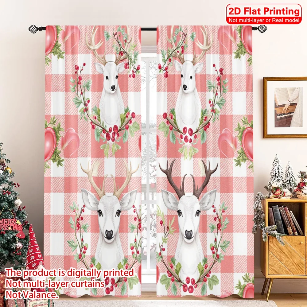 

2pcs 2D flat printing Merry Christmas Window Curtains Deer Heart Pine Christmas Fabric Without Electricity Family Party Perfect