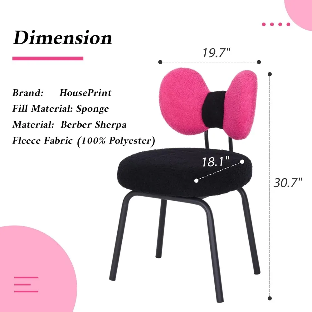 Vanity Chair with Bowknot Back, Comfy Desk Chair No Wheels 360°Swivel Makeup Stool, One-Whole Metal Legs for Dressing Room