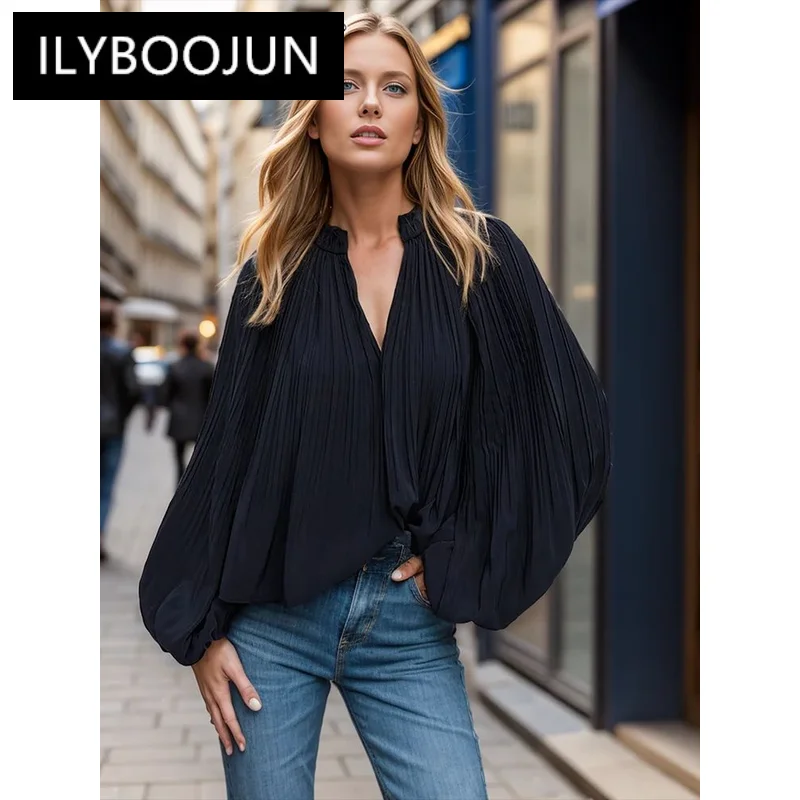 

ILYBOOJUN Solid Spliced Folds Loose Elegant Blouse For Women V Neck Lantern Sleeve Minimalist Shirt Female Fashion Style New