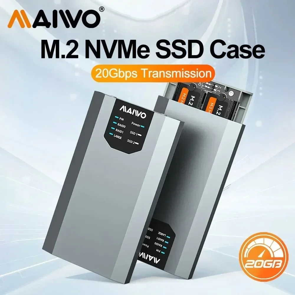 MAIWO 20Gbps M.2 NVME SSD Case Dual Bay M2 NVMe SSD Case USB3.2 Type-c Gen2 Storage Box Aluminum Alloy Shell With 4 RAID Modes