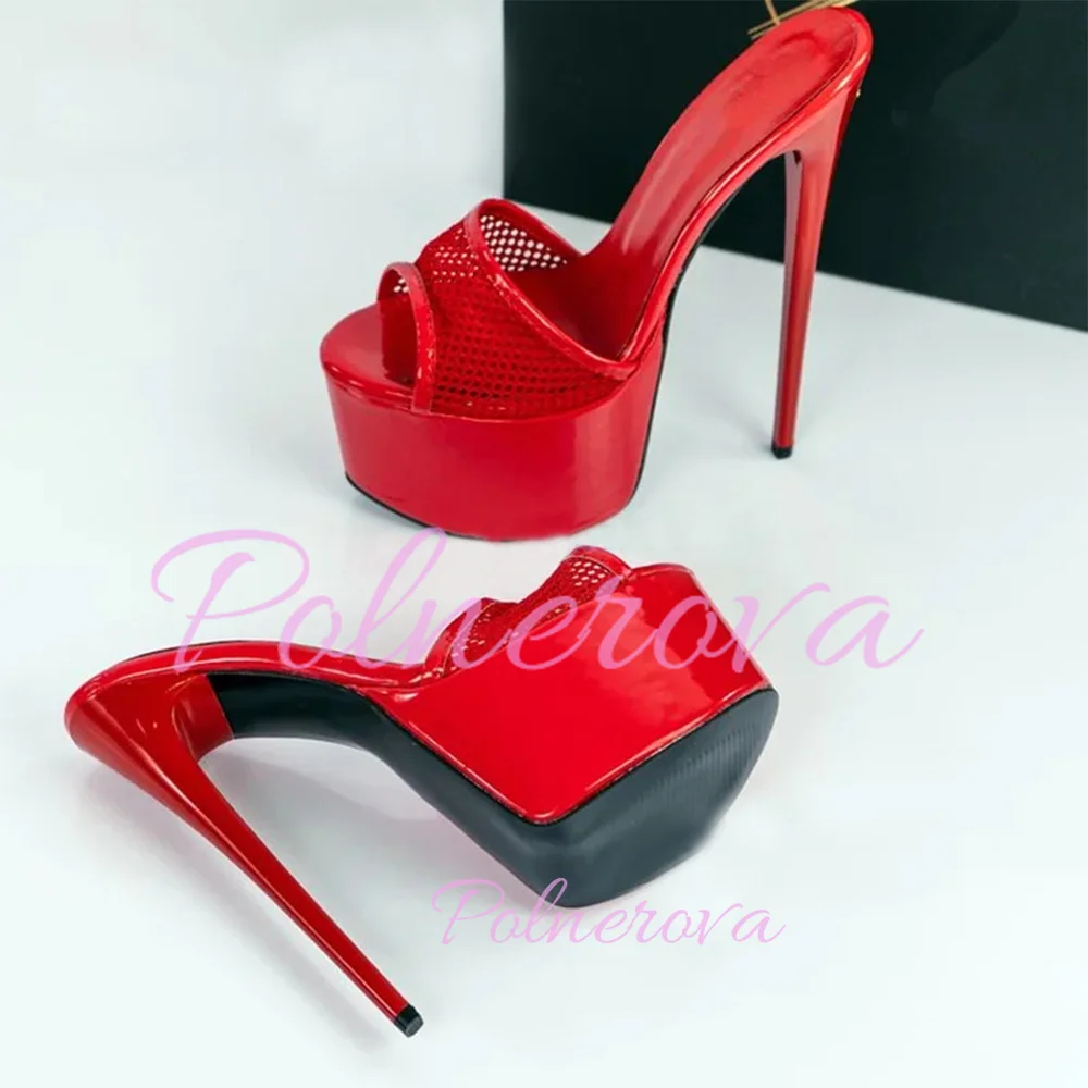 Mesh Peep Toe Platform Slippers Women Solid Color Sexy Sandals Stiletto Red High Heels Hollow Shoes Sandalias De Mujer Verano