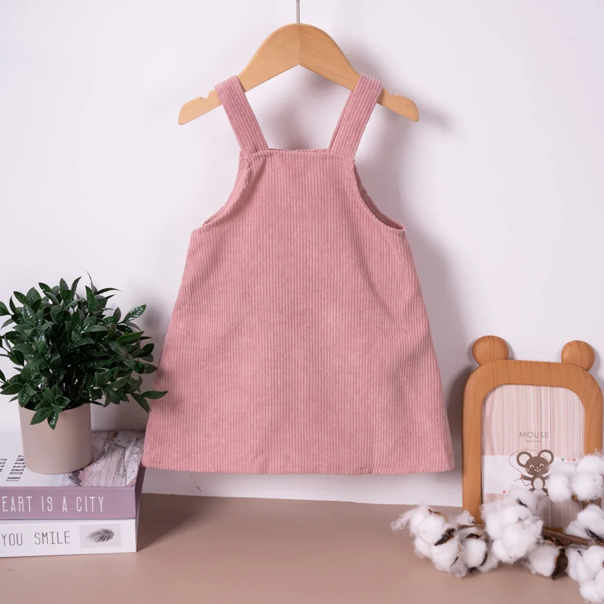 Toddler Autumn And Winter 2024 Baby Girls Strap Dress Sweet Cute Solid Color Baby Girl Rabbit Decoration Strap Dress Toddler