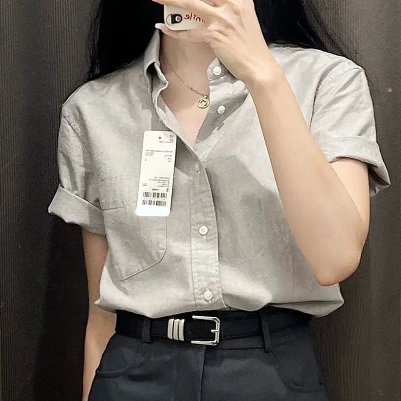 100% Cotton Women Shirt Korean Sweet Thin Short Sleeve Women Blouse Summer Casual Loose Pocket New All Match Ladies Tops