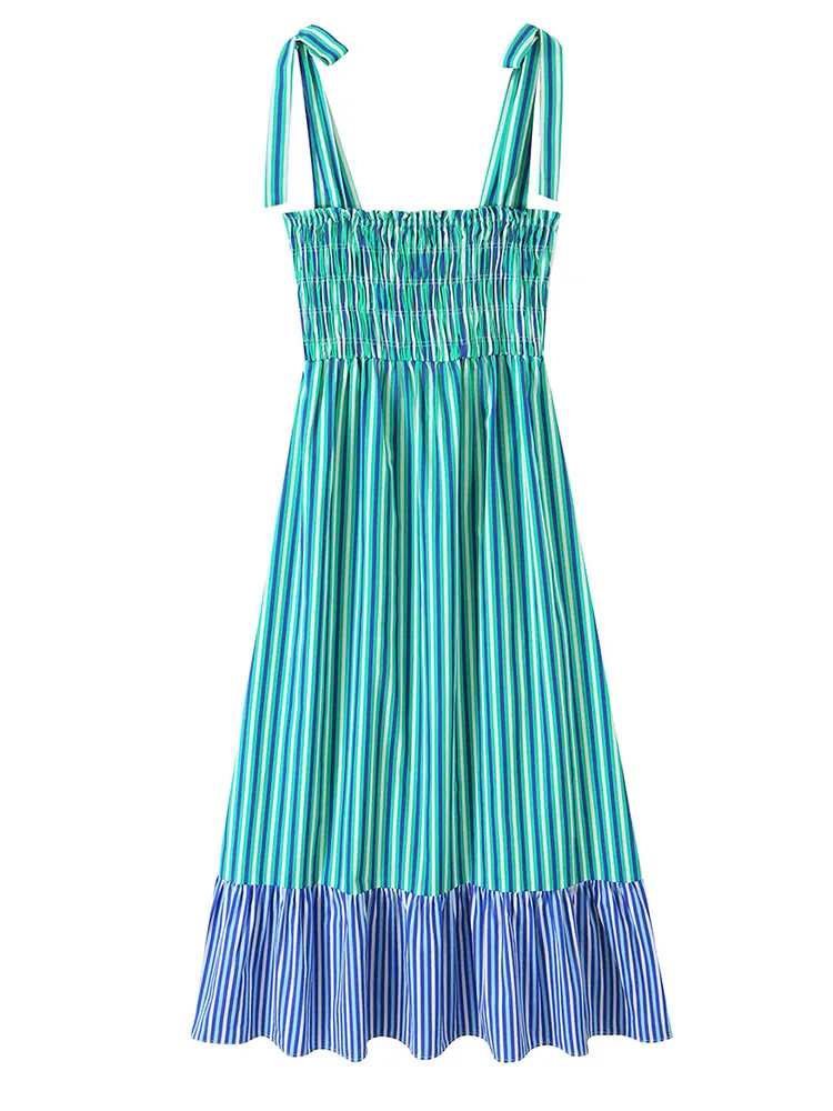 HH Women Spring Summer Elegant Green Blue Stripe Tie Strap Dress Smocked Bodice Colorblock Hem For Dinner Date Cocktail Party