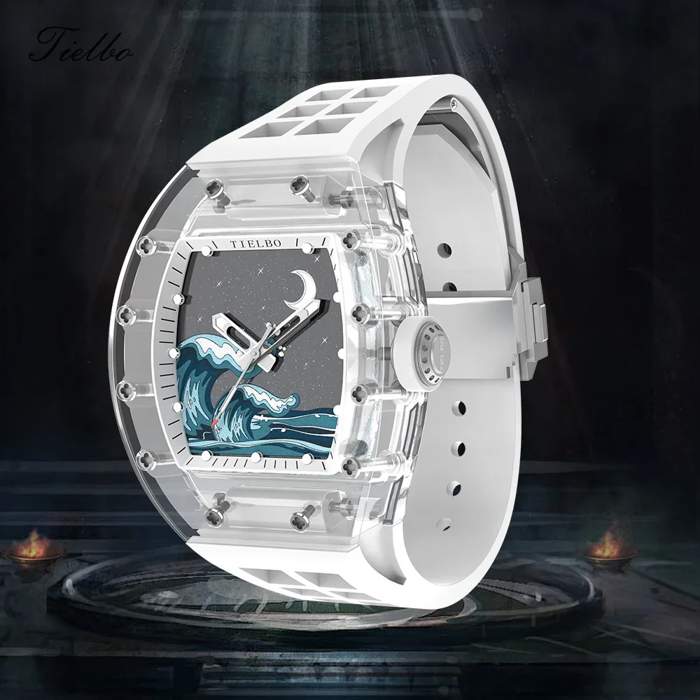 TIELBO Crystal Automatic Mechanical Case Watches for Men Skeleton Sapphire Men's Diamond Wristwatch Waterproof Watch Luminous