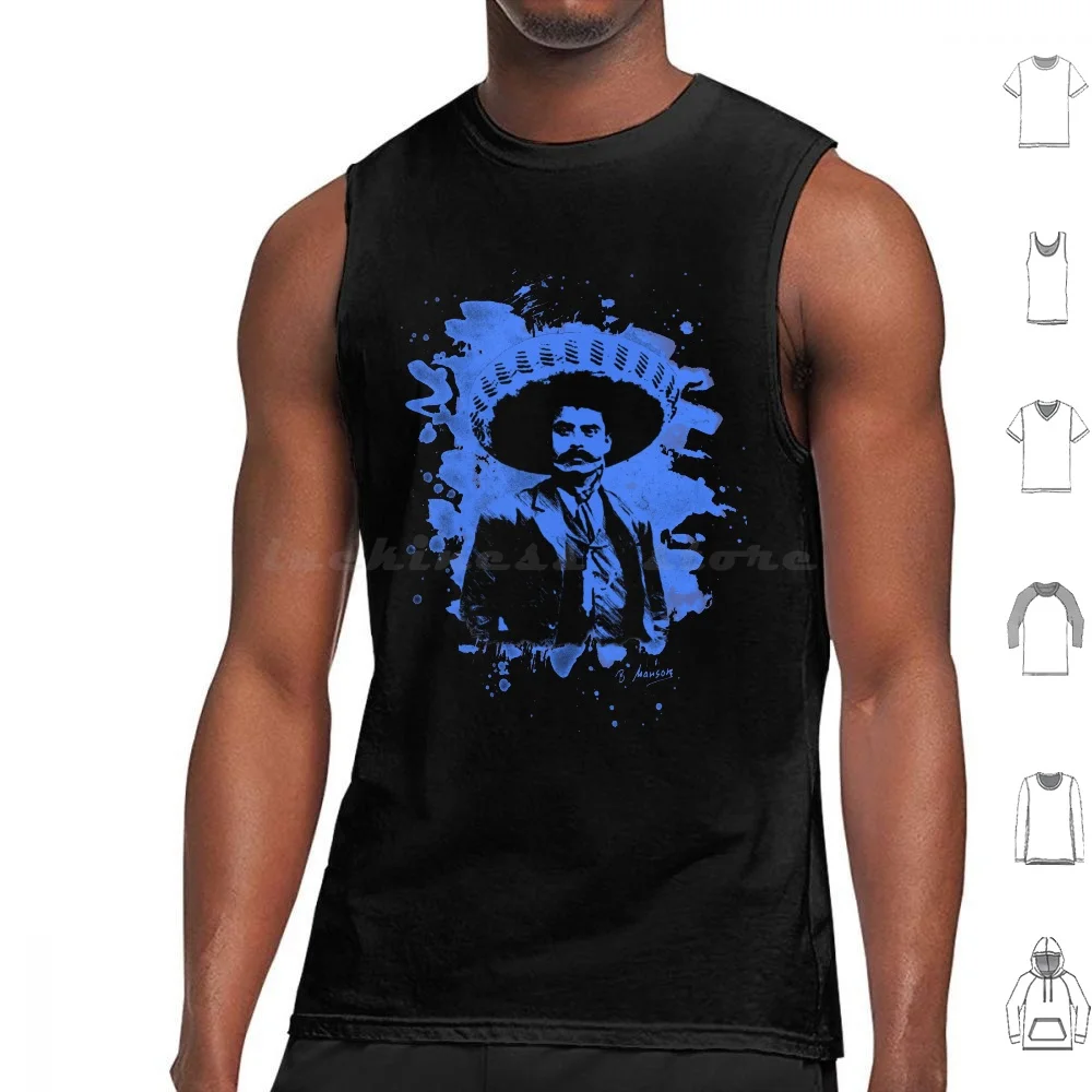 Emiliano Zapata-Camisetas sin mangas azul blanqueadas Estampado Algodón Emiliano Zapata Revoluzzer Revolution Mexico Mexiko Morelos