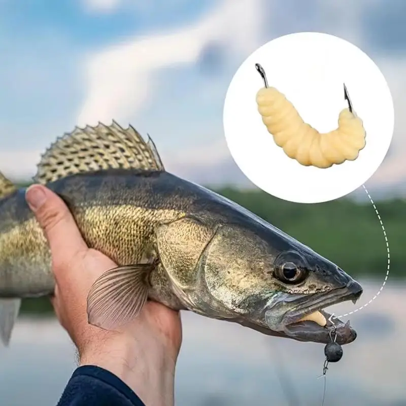Gummi-Mehlwürmer Weiches Angelköder-Set 30 Stück mit Haken Bionische Wurmköder für Süßwasser-Angelaktivitäten – Detail 6