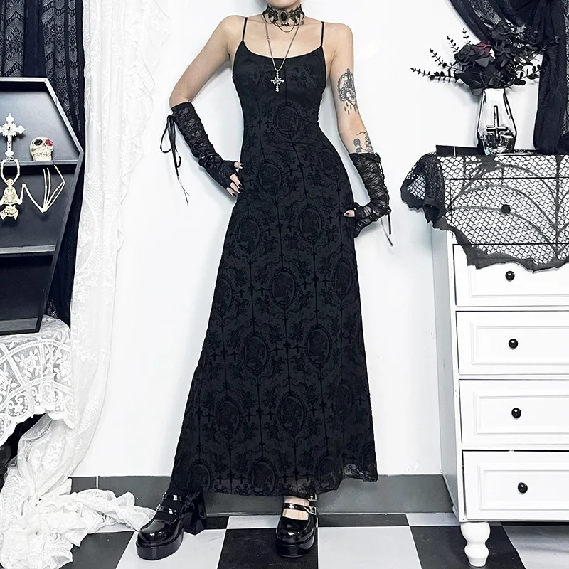 

Goth Dark Cross Flocking Mall Gothic Aesthetic Dresses Grunge Punk Mesh Elegant Party Long Dress Sling Slim Sexy Emo Alt Outfits