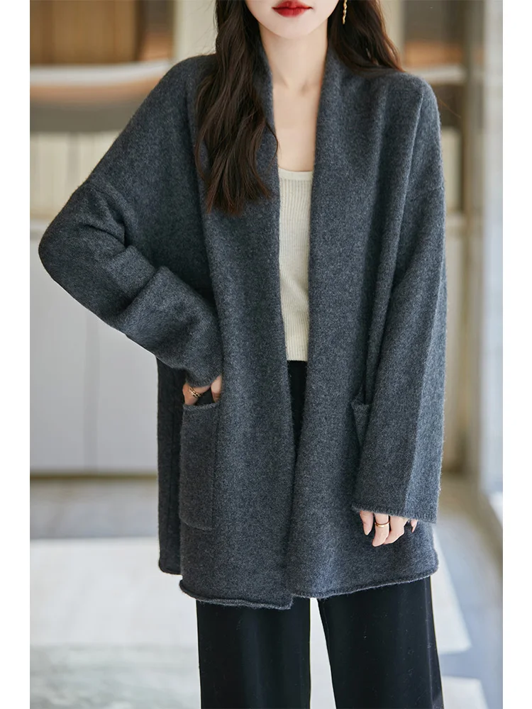 Aliselect Jaket Rajutan Fashion Wanita Sweter Saku Kerah V Lengan Panjang Musim Semi Musim Gugur Musim Dingin Atasan Kardigan Wol Merino 100%