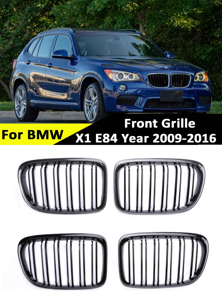 For BMW X1 E84 2009-2016 XDrive Double Single Slat Carbon Fiber Refiting Front Bumper Kidney Black Racing Grills Car Styling