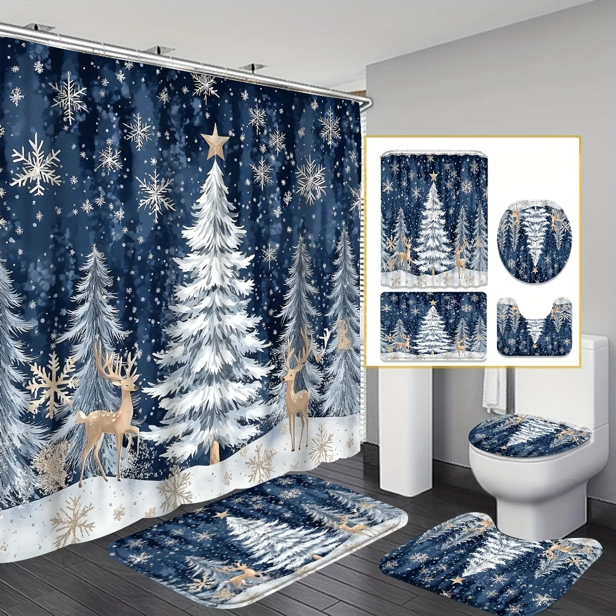 4Pcs Xmas Shower Set, Deer & Christmas Tree, 12 Hooks, Non-Slip Bath Mat, U-Shaped Toilet Cover, Bathroom Decor