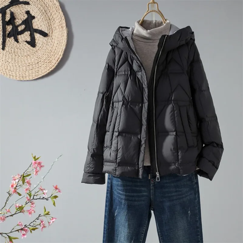 Women's Autumn Winter New Loose White Duck Down Coat Warm Hooded Down Jacket Casual Fashion Long Sleeves Short Jacket