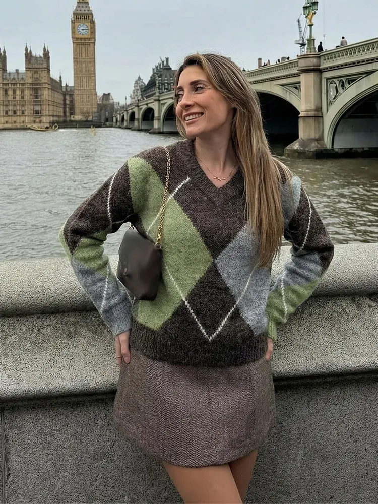 HH 2026 Spring Sweater For Women Elegant Fashion Diamond Plaid Knitted Pullover Sweater Loose Oversized High Street Lady Tops