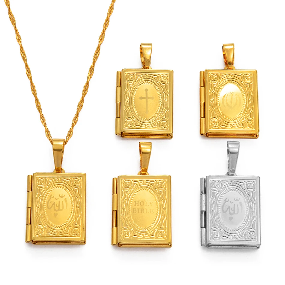 Anniyo DIY Keeping Photo Pendant Necklace Women Iran Jewelry,Gold Color Islam Arab Holy Bible Cross Allah Box #071502