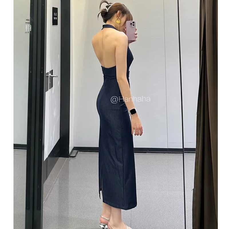 Denim Dress Summer 2025 New Fashion Slim V-neck Hanging Neck Elegant Long Dress Women Street Holiday Chic Youth Party Dress