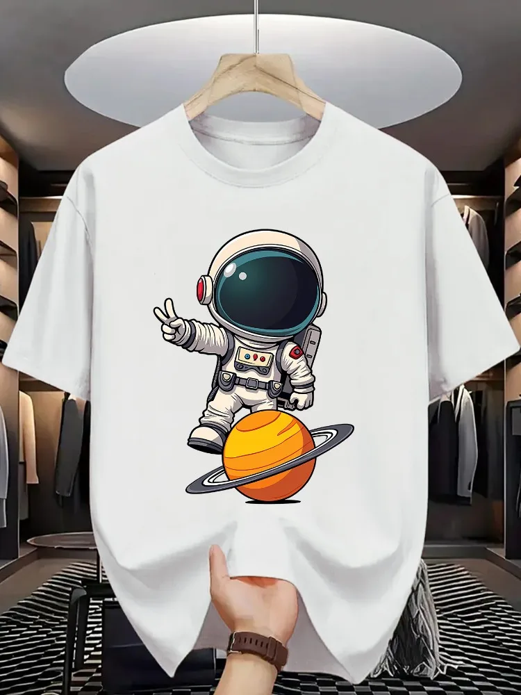Cute Astronaut on Saturn Print Men Women Summer Fashion T-shirt Space Graphic Cotton Short Sleeve Tee Casual Tops