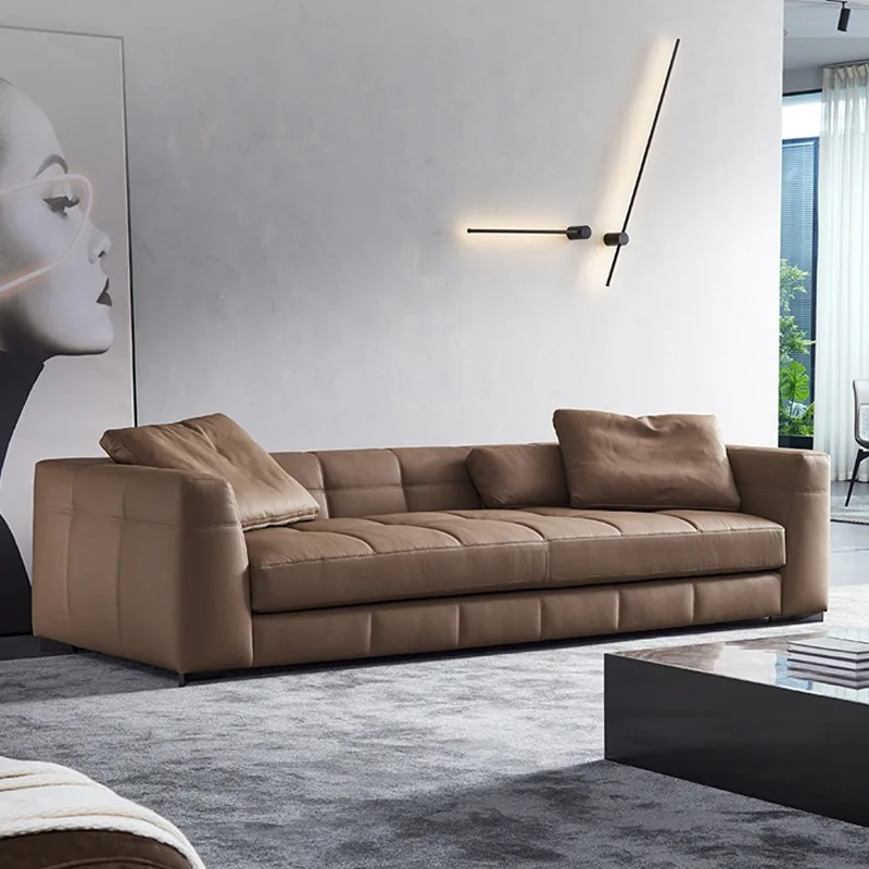Leather sofa living room modern simple first layer cowhide light luxury straight row combination