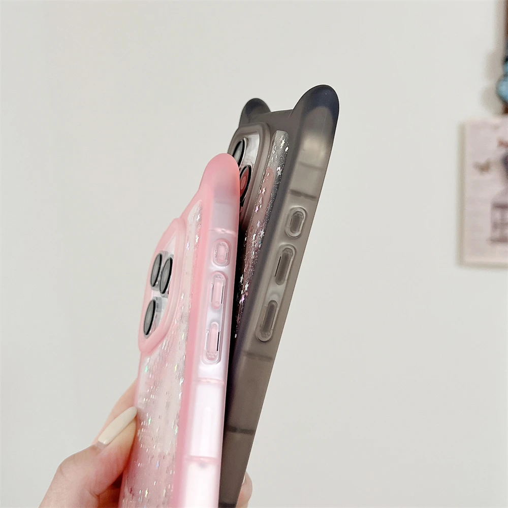 Cute Cartoon Glitter Cat Ear Case For iPhone 14 15 Plus 12 11 13 Pro Max Luxury Silicone Glue Drip Transparent  Pear Back Cover - Image 4