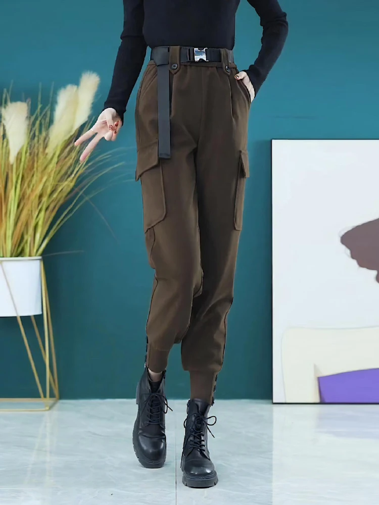 

Шерстяные рабочие брюки с высокой талией, женские повседневные брюки-харланы на флисовой подкладке, совместимые с ботинками, осенне-зимняя новинка