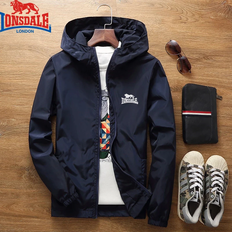 Jaqueta masculina com capuz bordada LONSDALE, casaco da moda, quebra-roupas casual de alta qualidade, nova, primavera e outono