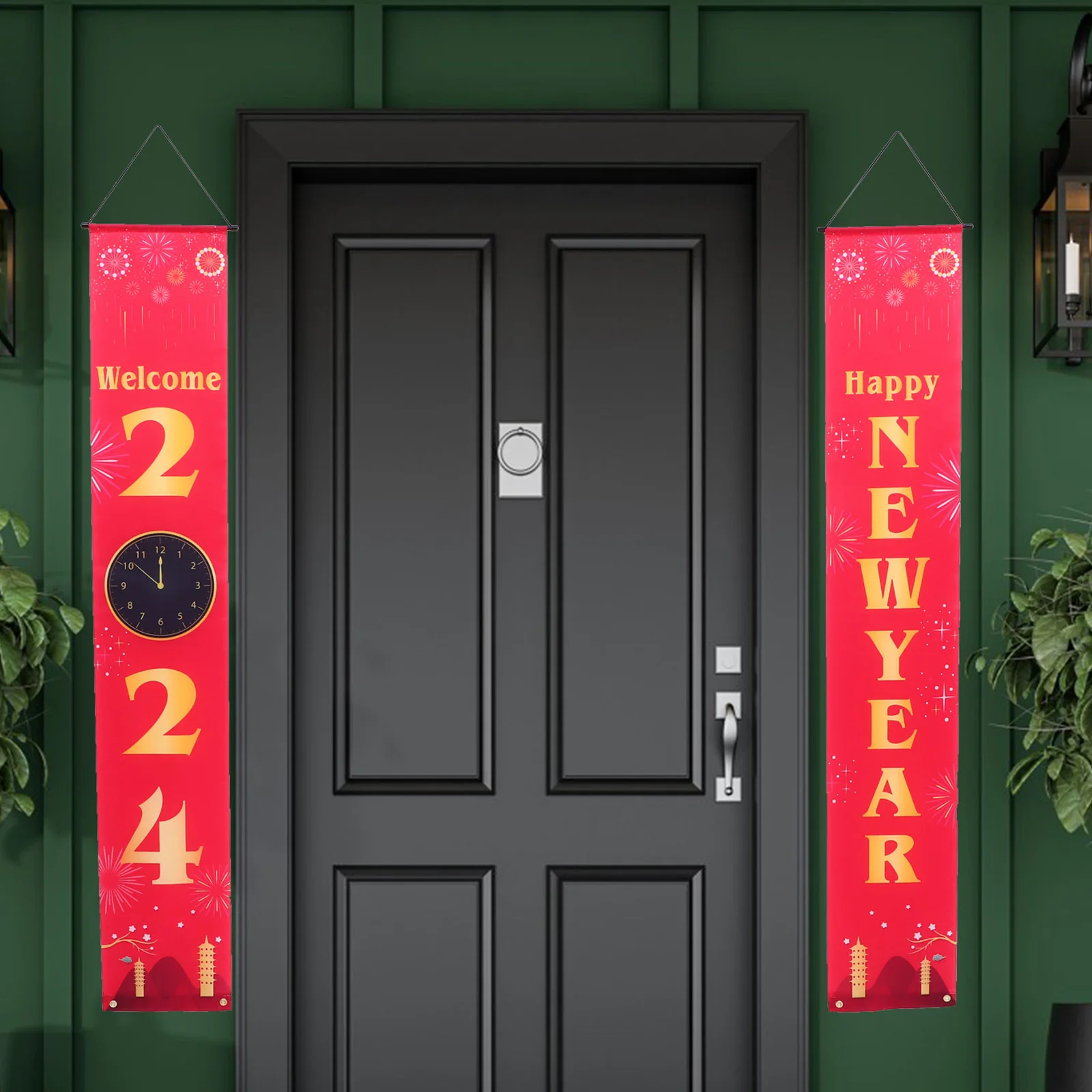 1 paio di striscioni per porta di Capodanno, modello squisito, materiale 2024, decorazione da appendere al portico, decorazioni per festival per interni ed esterni