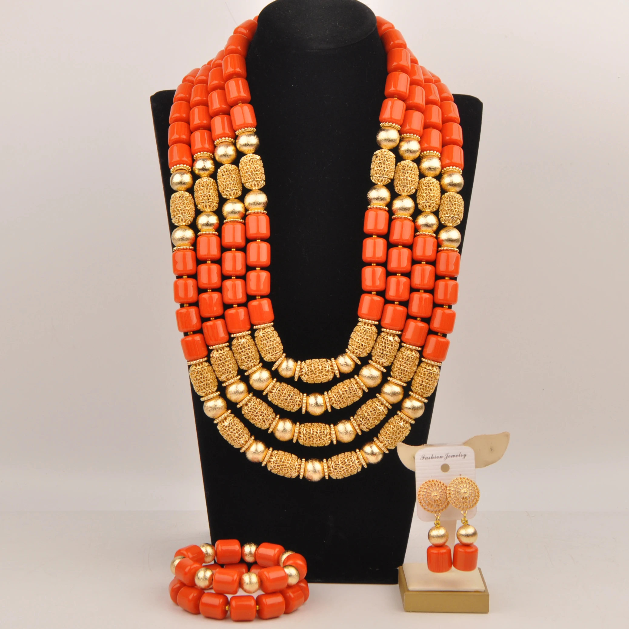 Luxury Nigeria Wedding Bead Bridal Orange Imitation Coral Necklace African Wedding Fashion Wedding Jewelry Set XIN-82